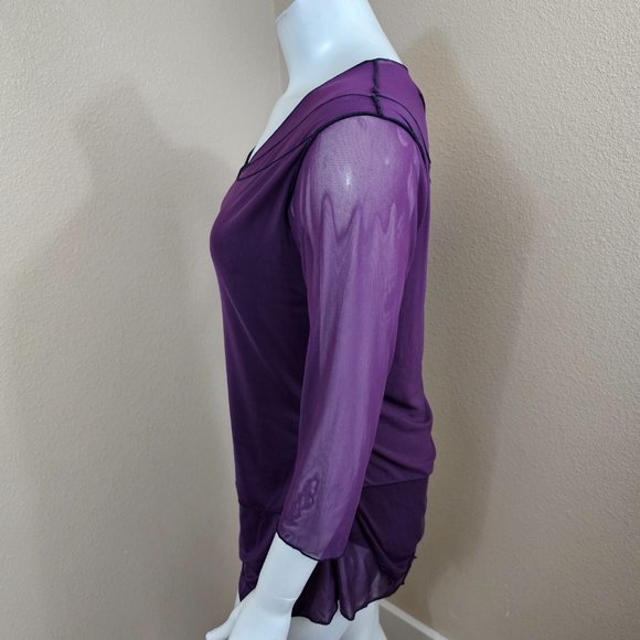 CYNTHIA ASHBY Purple Nylon Sheer 3/4 Sleeve Layered Top~Size S - Picture 4 of 11